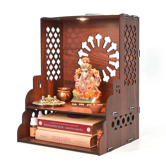 Wooden Temple for Home | Pooja Mandir with LED Light, Drawer & Shelves | Wall Mounted or Tabletop Mandir with OM Logo (DIY - H-15 x L-12 x W-10.5 Inch) (Traditional)