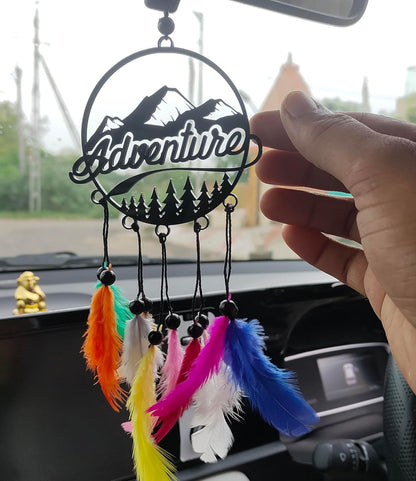 Dream Catcher Car Hanging Ornament – Elegant Acrylic Rear View Mirror Charm – Boho Car Interior Decoration Accessory (Adventure)