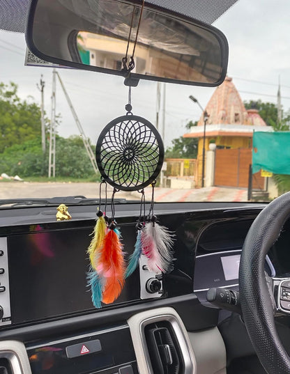 Dream Catcher Car Hanging Ornament – Elegant Acrylic Rear View Mirror Charm – Boho Car Interior Decoration Accessory (Round)