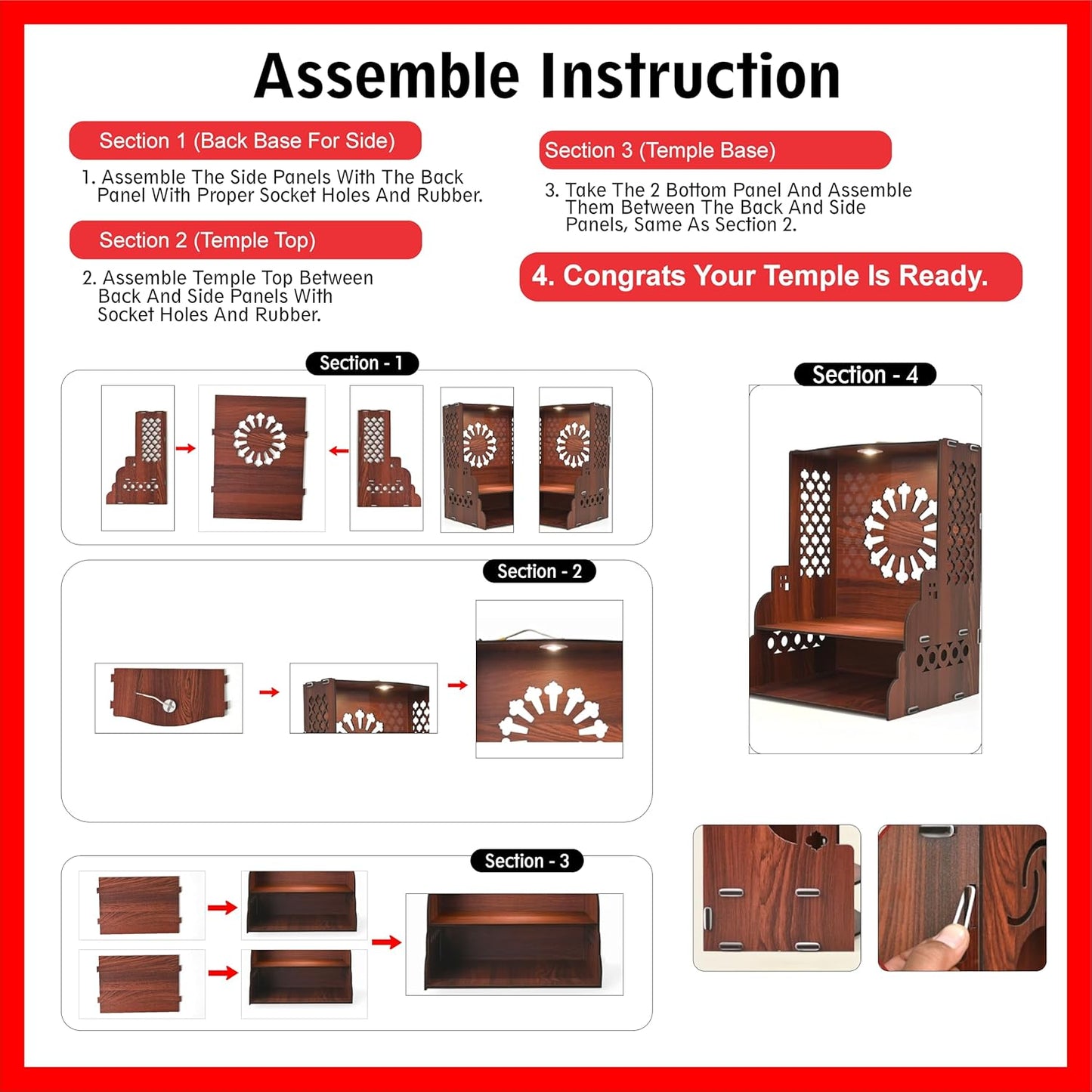 Wooden Temple for Home | Pooja Mandir with LED Light, Drawer & Shelves | Wall Mounted or Tabletop Mandir with OM Logo (DIY - H-15 x L-12 x W-10.5 Inch) (Traditional)