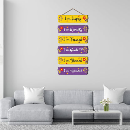 I Am Happy Worthy Focused Grateful Blessed Motivated Wooden Wall Hanging | Inspirational Quote Hanging Wall Decor | MDF Decorative Sign for Home Positivity & Room Decoration (DWA_7403)