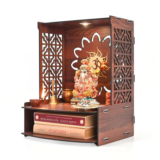 Wooden Temple for Home | Pooja Mandir with LED Light, Drawer & Shelves | Wall Mounted or Tabletop Mandir with OM Logo (DIY - H-15 x L-12 x W-10.5 Inch)