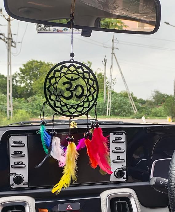Dream Catcher Car Hanging Ornament – Elegant Acrylic Rear View Mirror Charm – Boho Car Interior Decoration Accessory (Om)
